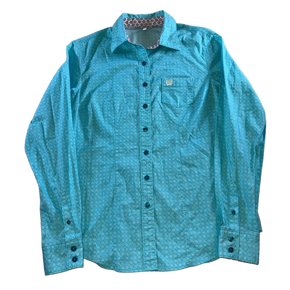 Cinch Women's Teal Geometric Print Long Sleeve Button Down Shirt Size Medium
